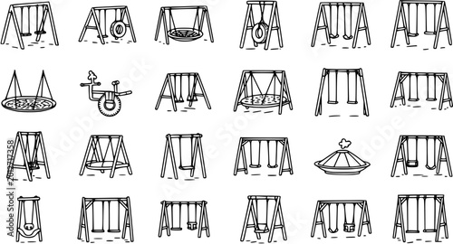 Quadro su tela Children's Playground Swings and Recreational Equipment - Black and White Line Art Hand-drawn Outline Icons Collection