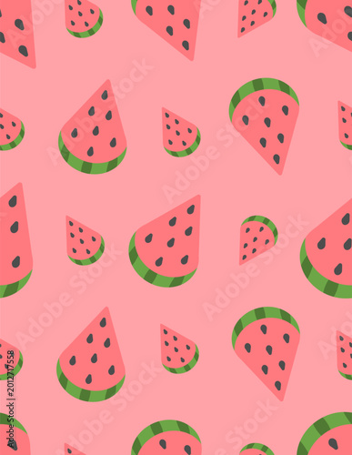 Watermelon slice, berry with pink flesh, seeds, and striped green rind, triangular fruit slice, seamless vector pattern, outline on isolated pink background, flat style