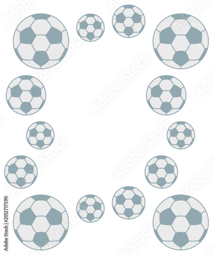 Soccer ball frame, green-white sports balls of different sizes on isolated white background with space for text, template for sports banner, color vector illustration, flat style