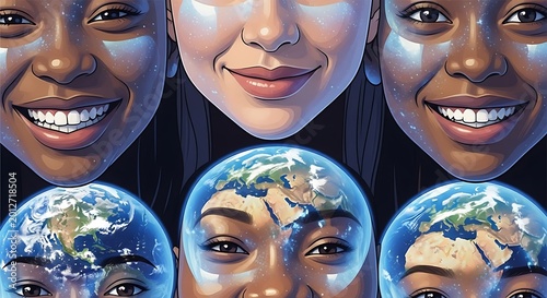 Smiling Diverse Faces Above Earth Globe Orbs Global Unity
