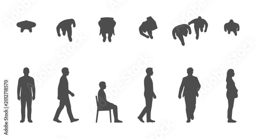 Collection of Solid Black Silhouette Architectural Scale Figures in Top Down Plan and Side Elevation View for Visualizations