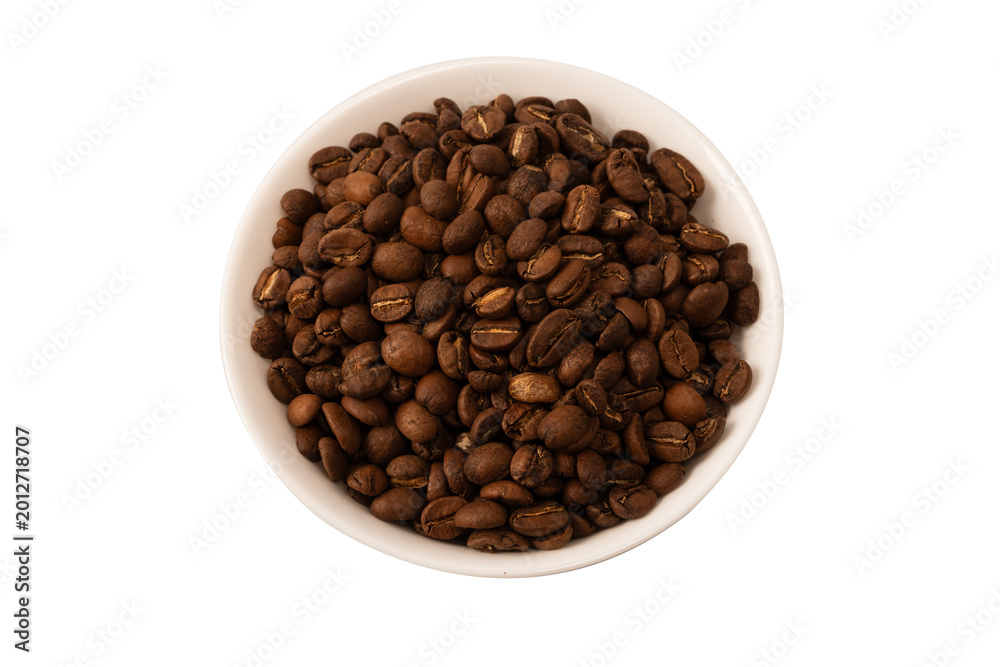 Fototapeta premium Coffee beans on a white background. Top view. Coffee beans texture.
