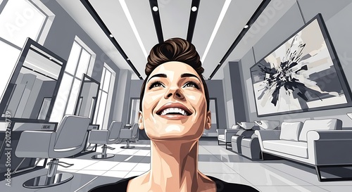 Smiling Woman Looking Up in Modern Salon