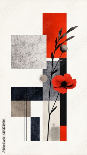 Abstract geometric wall art featuring red poppies and minimalist shapes in bold contrast styles