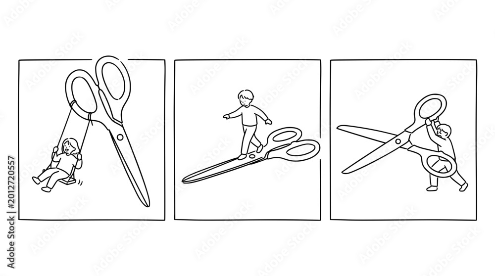 Obraz premium A lighthearted illustration showing children engaging with oversized scissors, symbolizing creativity, exploration, and the playful interaction with art tools in an imaginative manner.