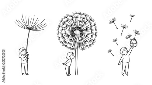 This charming illustration depicts a child gazing at a dandelion, symbolizing wishes and dreams, representing the unique journey of letting dreams take flight.