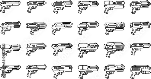 Foto Futuristic Handgun Icons Set, Sci-Fi Pistol Line Art, Vector Weapon Collection