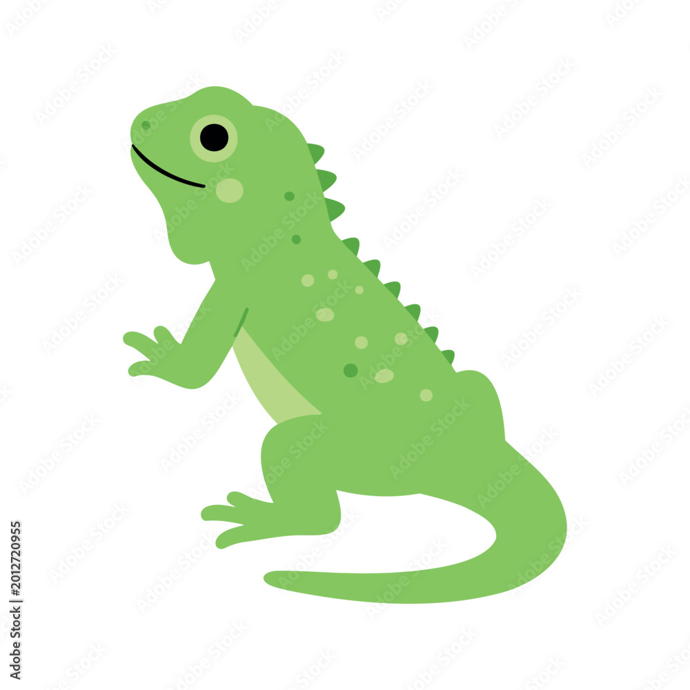 Fototapeta premium Cute cartoon iguana stands on a white background with its head held high