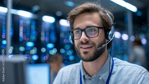 Customer Service Representative Wearing Headset in Data Center