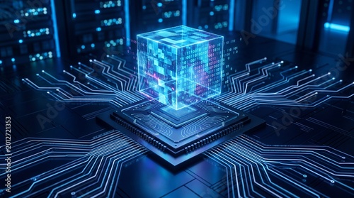 Futuristic processor core with holographic display in a high-tech data center digital art cyber environment aerial perspective