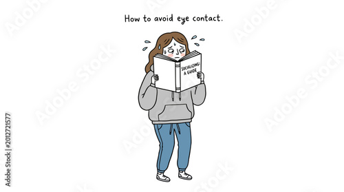Canvas-taulu how to avoid eye contact, anxious woman reading socializing guide book, introvert struggling with eye contact