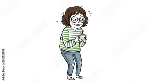 Quadro su tela Stressed young woman holding warm cup of beverage looking nervous and anxious