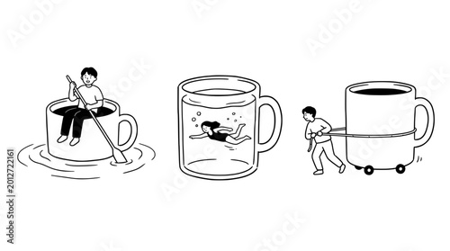 This illustration creatively portrays a person paddling in a giant coffee cup, symbolizing the whimsical nature of everyday experiences and the essence of life.