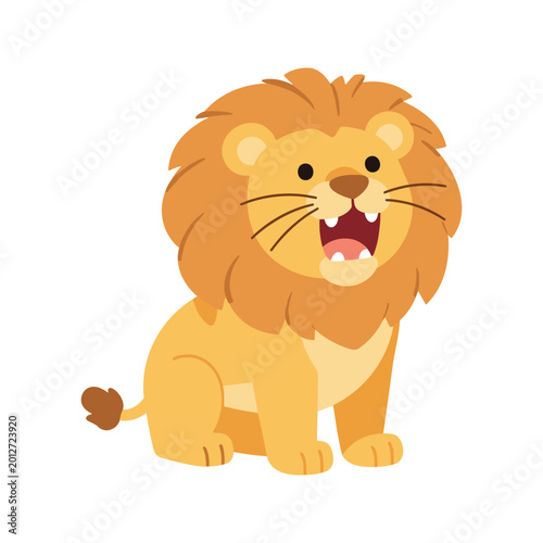 Cute cartoon lion with golden mane sits while slightly roaring or yelling on a white background