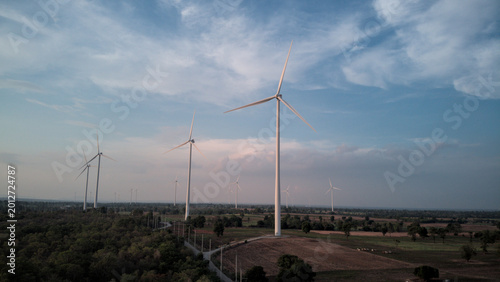 Canvas Print Aerial Sunset View of Wind Turbines near Wat Ko Laem, Thepharak, Nakhon Ratchasi
