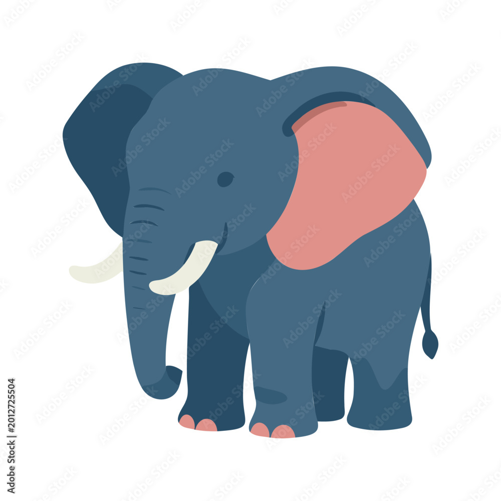 Fototapeta premium Illustration of a blue elephant with pink ears and white tusks on a white background