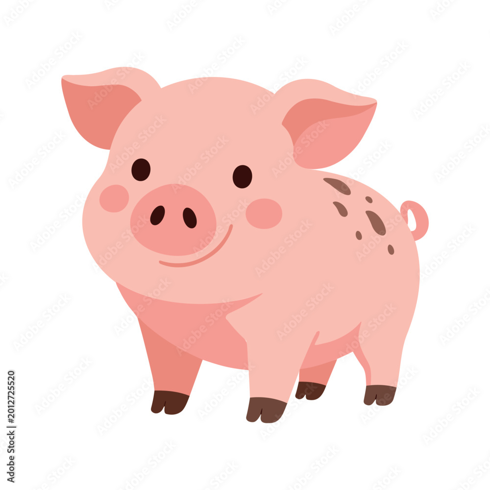 Fototapeta premium Illustration of a cute pig with brown spots standing against a white background
