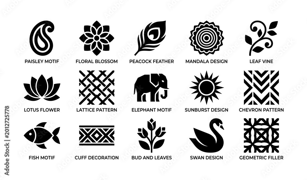 Obraz premium Decorative motif and pattern icons arranged on white background