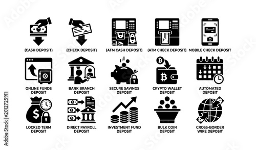 Banking deposit icons showing deposit methods on white background