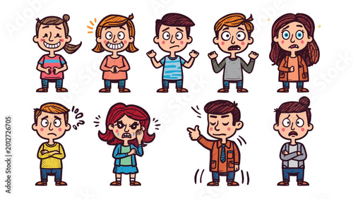 Foto Emotional Spectrum: An array of stylized characters portray a range of human emotions, showcasing the vibrant and diverse landscape of feelings