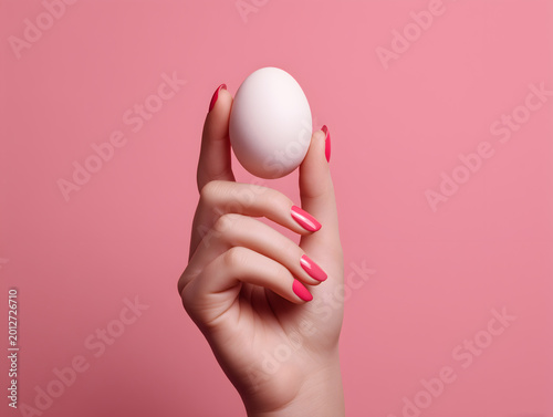 Close-up of a female hand with vibrant pink manicure delicately holding a fresh white chicken egg, isolated on a solid pastel pink background, representing nutrition, fragility, and minimal design