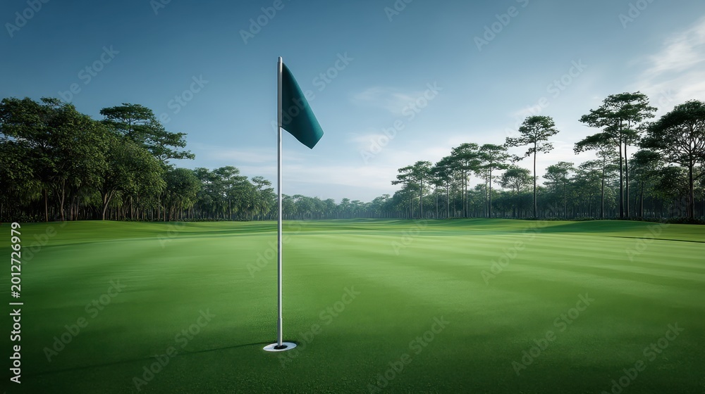 Naklejka premium Scenic Golf Course Landscape with Flag, Green Fairway and Sunny Sky, Ideal for Sports and Outdoor Leisure Imagery, Perfect for Golf Enthusiasts and Designers