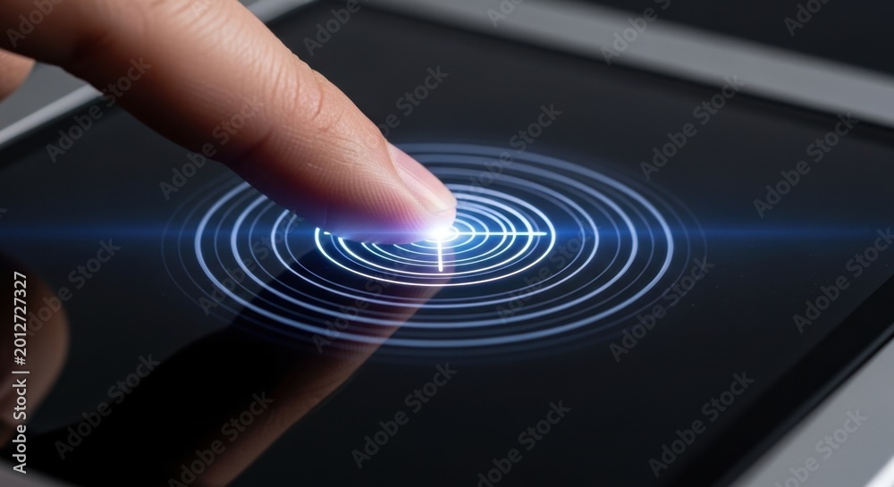 Fototapeta premium Finger touching a digital screen with glowing concentric circles interface