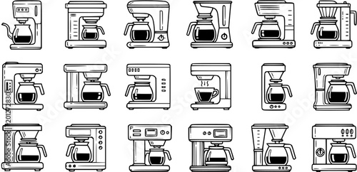 Tableau sur toile Coffee Makers Black and White Line Art Icons Set