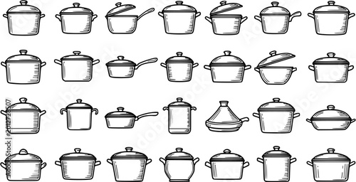 Bild auf Leinwand Black and White Line Art Collection of Various Kitchen Pots and Pans, Cooking Ut