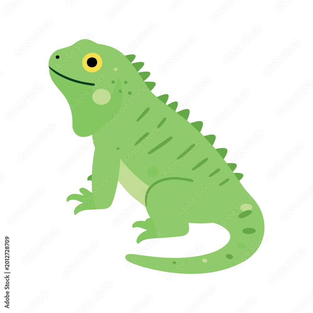 Fototapeta premium Cartoon illustration of a green iguana with yellow eyes against a white background
