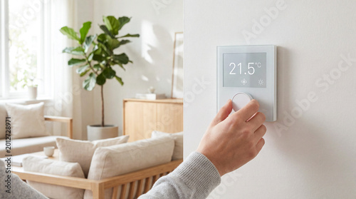 Person turns a wall mounted thermostat dial showing 21.5°C in a bright living room, illustrating home temperature control and energy management.