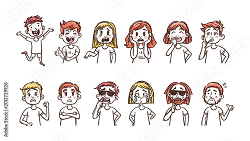 Valokuva Emotion Array: A compilation of expressive characters embodies a spectrum of emotional states, from pure elation to quiet contemplation