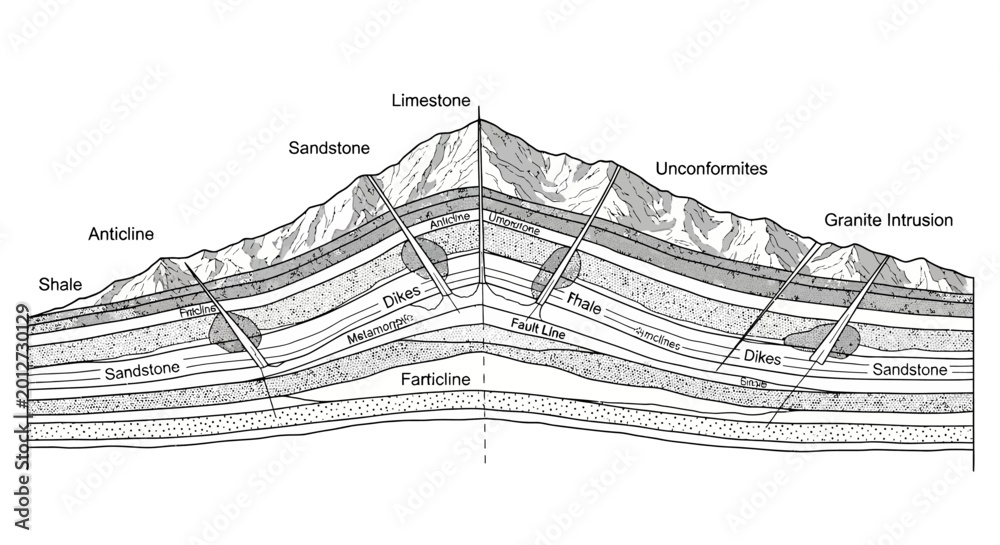 Obraz premium Detailed geological cross-section illustrating various rock formations, structural folds, faults, and igneous intrusions.