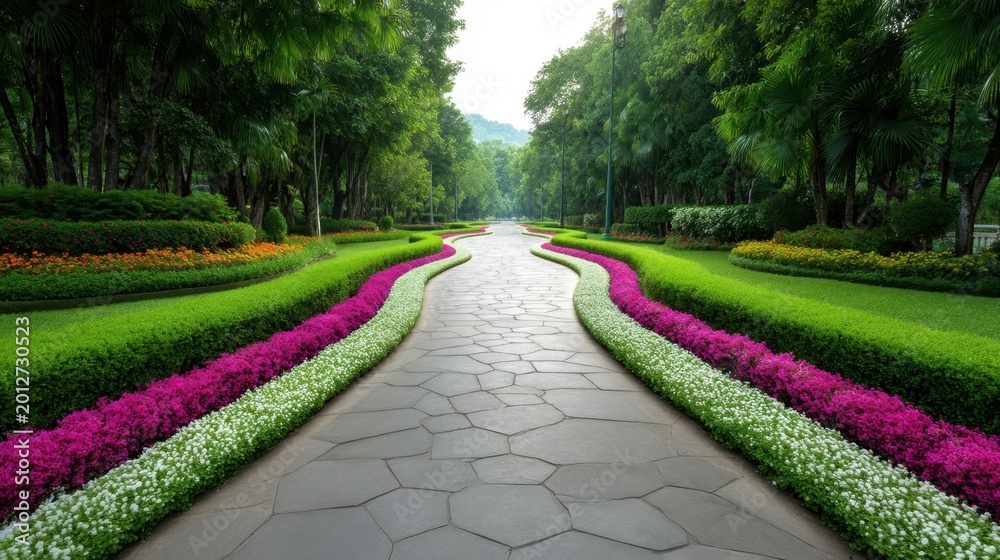 Obraz premium Serene Landscape Pathway Surrounded by Lush Greenery and Vibrant Flower Borders in a Beautiful Park Setting