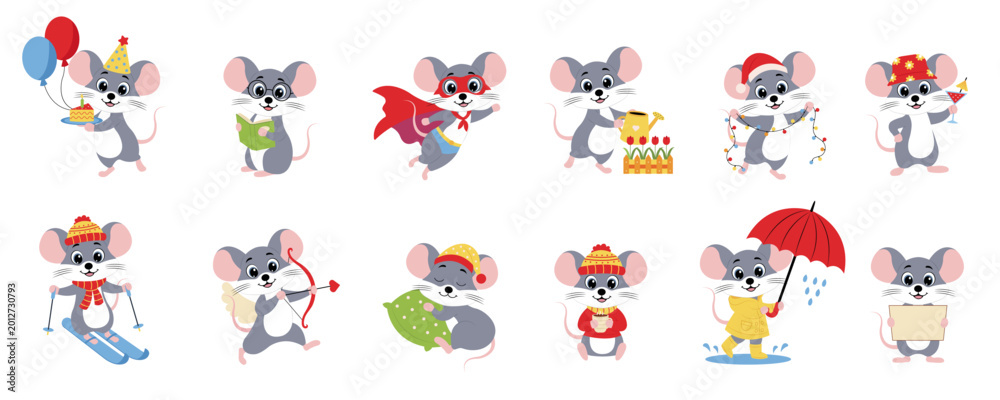 Obraz premium Cute animals mouse chracters. Mouse in different situations: Christmas, winter, spring, summer, autumn, birthday, reading, drinking tea, Valentine's Day.