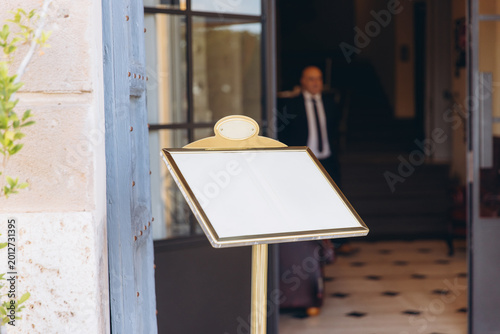 Photography Empty menu stand offering copy space for daily specials or messages in front of