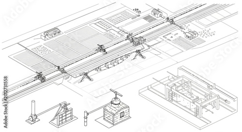 Detailed isometric diagram illustrating an agricultural irrigation system with water channels, pumps, and field layouts.