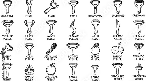 Tableau sur toile Food  Drink Kitchen Tools: Black  White Line Art Set of Various Vegetable and Fr