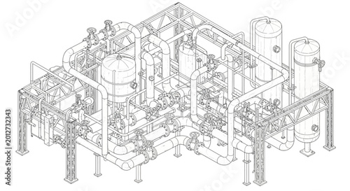 Detailed wireframe rendering of a complex industrial piping and tank system.