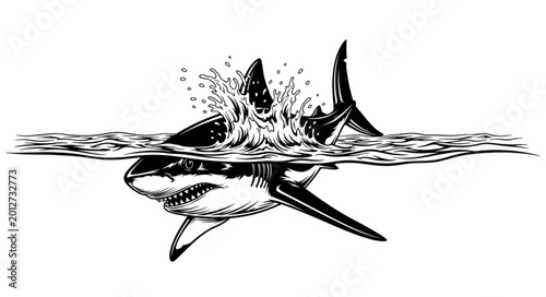 Schilderij op canvas Shark Emerging from Water with Fins and Teeth.