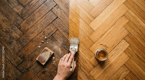 Worker applying varnish to wooden parquet floor. Comparison of old and restored surface. Home renovation and furniture maintenance craft. Improving interior design with floor refinishing.