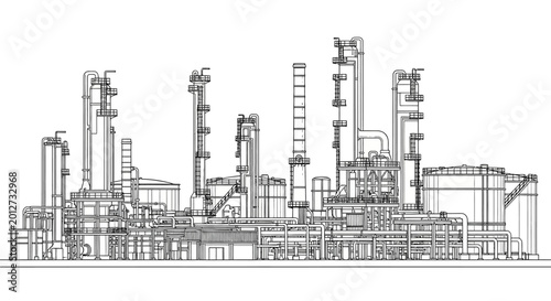 Detailed line drawing of a large industrial oil refinery or chemical plant with multiple towers and pipes.