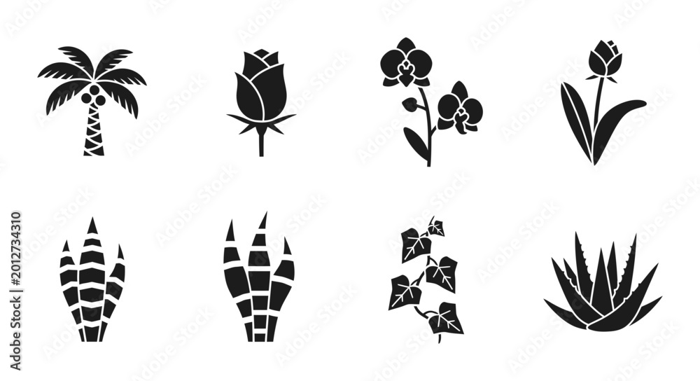 Obraz premium 8 Plant silhouette icons palm rose orchid tulip aloe vera ivy, solid black style, nature botany set