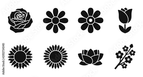 8 Flower silhouette icons rose sunflower tulip lotus daisy, solid black style, nature garden set