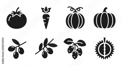 8 Vegetable Fruit silhouette icons tomato carrot pumpkin olive durian, solid black style, food grocery