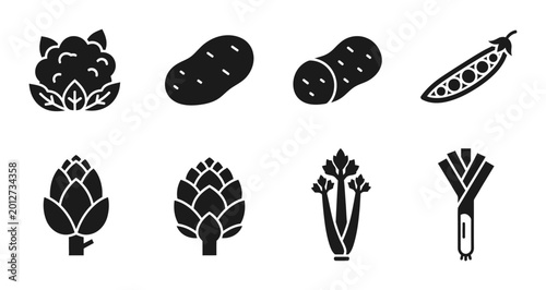 Foto 8 Vegetable silhouette icons cauliflower potato pea artichoke celery leek, solid