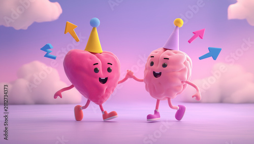 a heart and brain character dancing together, both wearing party hats with colorful