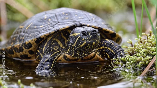 Closeup of a European Pond Turtle emerging from water surrounded by reeds.