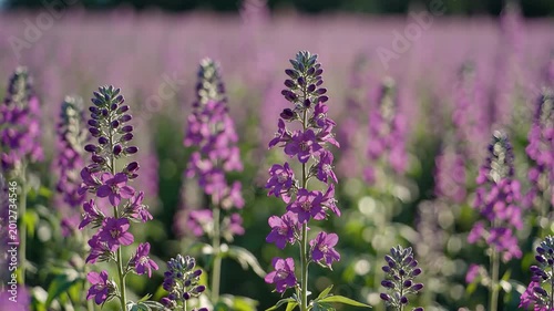 Field of Purple Flowers in Bloom Under Soft Sunlight.