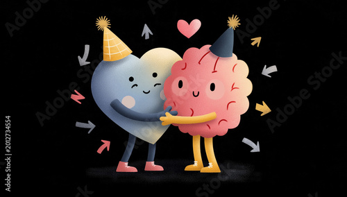 a heart and brain character dancing together, both wearing party hats with colorful